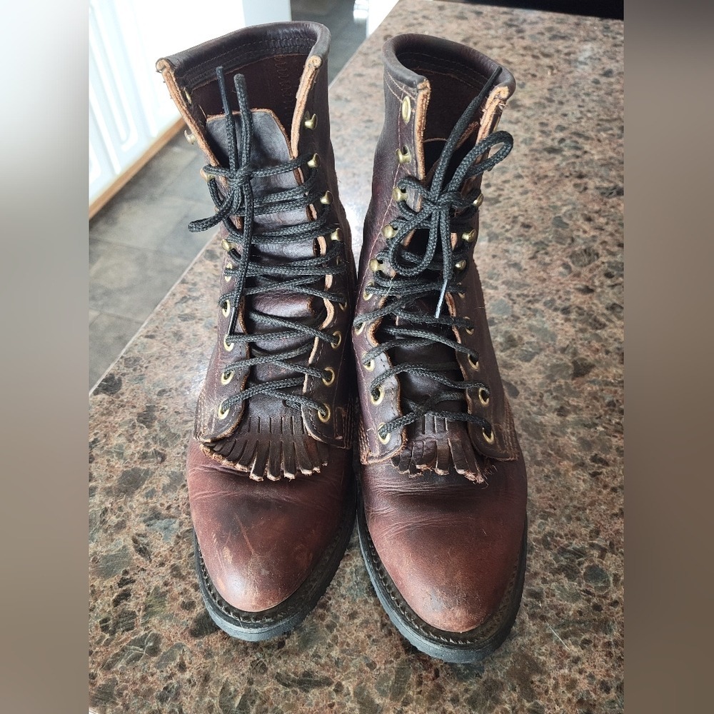 DD Tuff Leather Packer Roper Lace Up Brown Western Boots womens Sz‎ 7 LIKE NEW